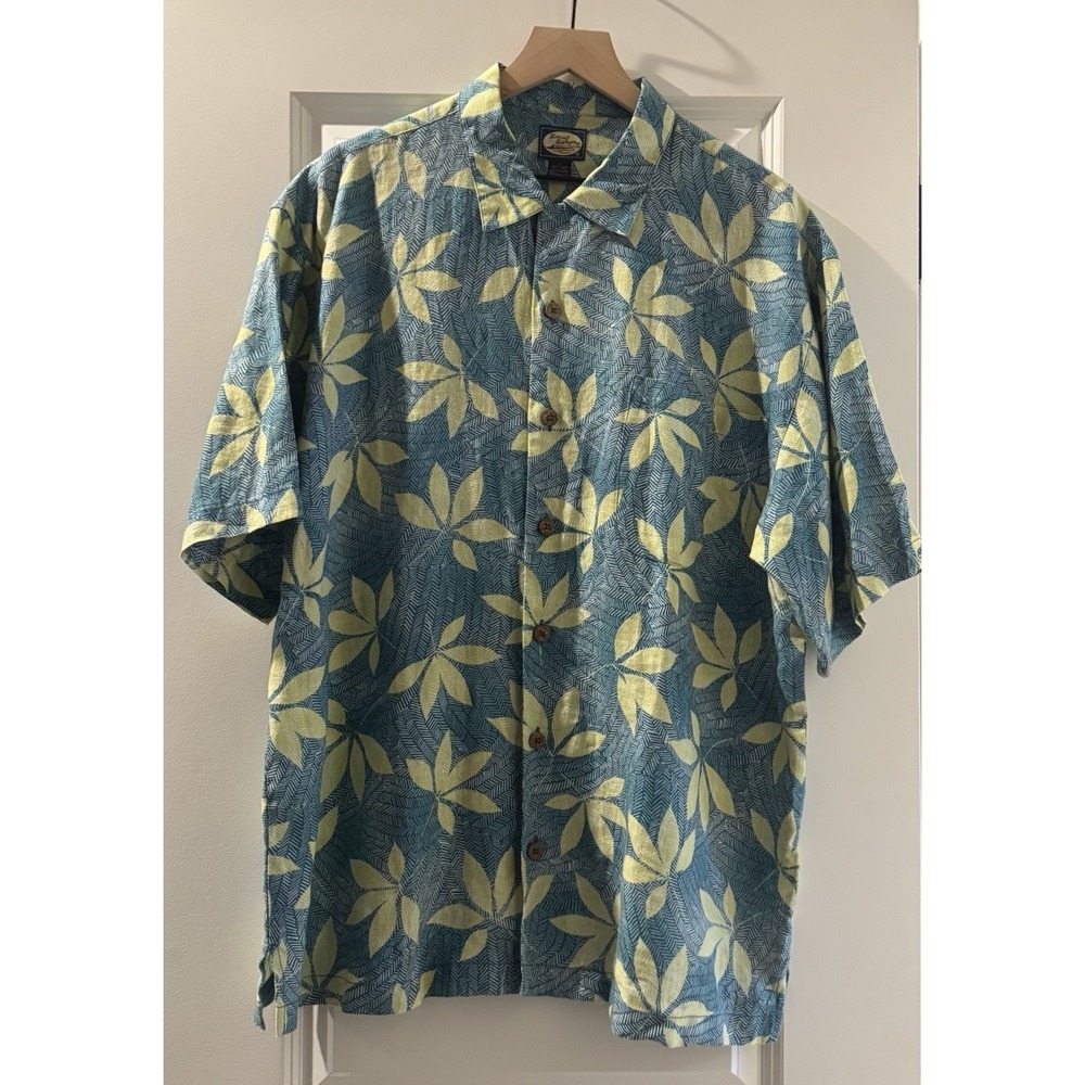 Tommy Bahama Mens Large 100% Linen Hawaiian Camp Shirt Blue Leaf Tropical